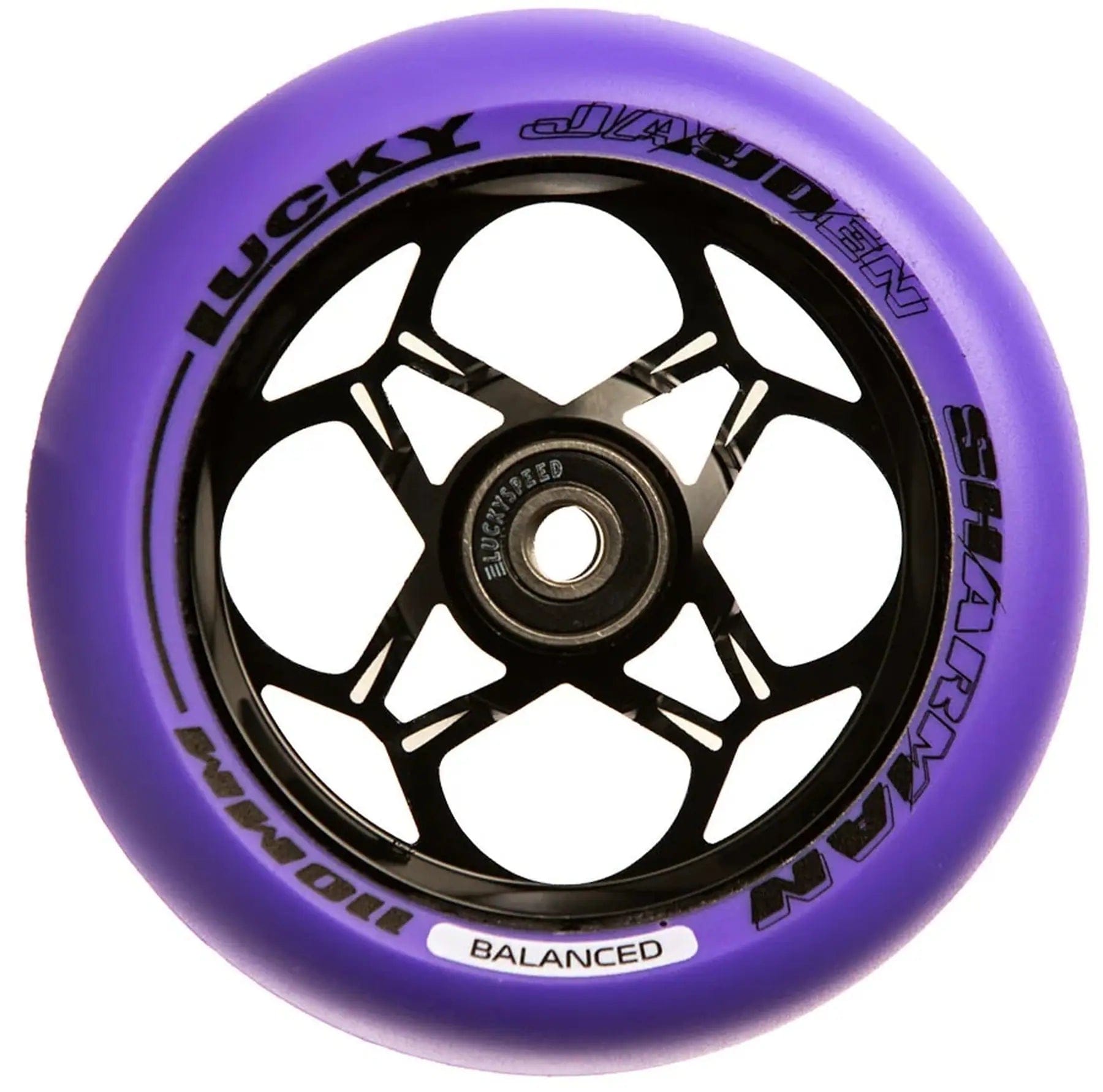 The Lucky Jayden Sharman Signature V3 Stunt Scooter Wheel in purple features a black core with star-like spokes, brand text "Lucky" and "Jayden," and includes Lucky Speed Bearings in its exposed central hub for enhanced performance.