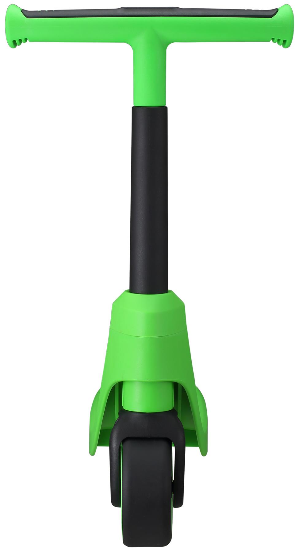 A front-facing view of the Vital First Kids Scooter in green and black, featuring a T-shaped handlebar and a single front wheel.