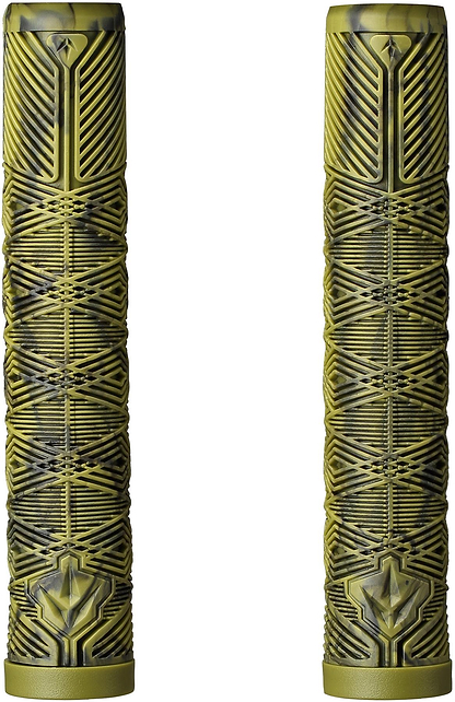 A pair of Blunt Envy V3 Olive / Black Stunt Scooter Grips (160mm) with geometric texture and camouflage pattern stand upright against a white background—perfect for stunt scooters.