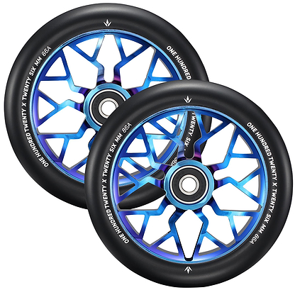 Two black Blunt Envy Sector 120mm Stunt Scooter Wheels - Burnt Pipe with blue and silver geometric metal spokes, overlapping. Size: 120 x 24 mm 86A.