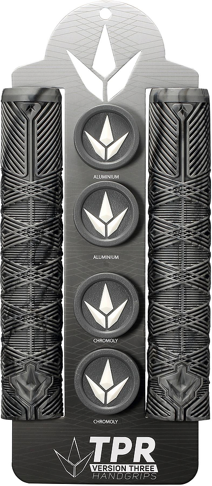 Blunt Envy V3 Grey / Black Stunt Scooter Grips - 160mm are shown vertically on branded packaging with four circular end caps labeled "Aluminum" and "Chromoly." The geometric design highlights these must-have scooter accessories.