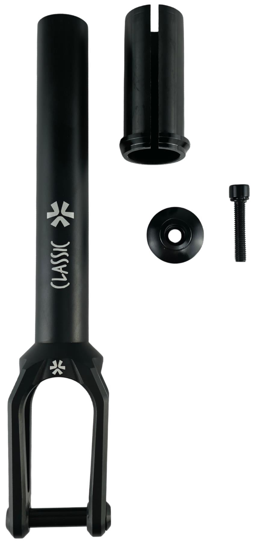 The Union Classic Lightweight IHC Stunt Scooter Fork - Black by Union features a star logo and "CLASSIC" print, shown with a compression insert, round cap, and bolt. Ideal for stunt scooters, all displayed against a white background.