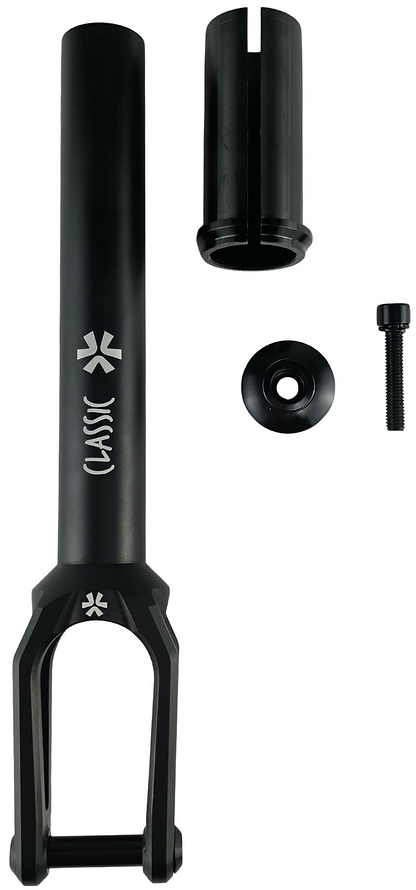 The Union Classic Lightweight IHC Stunt Scooter Fork - Black by Union features a star logo and "CLASSIC" print, shown with a compression insert, round cap, and bolt. Ideal for stunt scooters, all displayed against a white background.