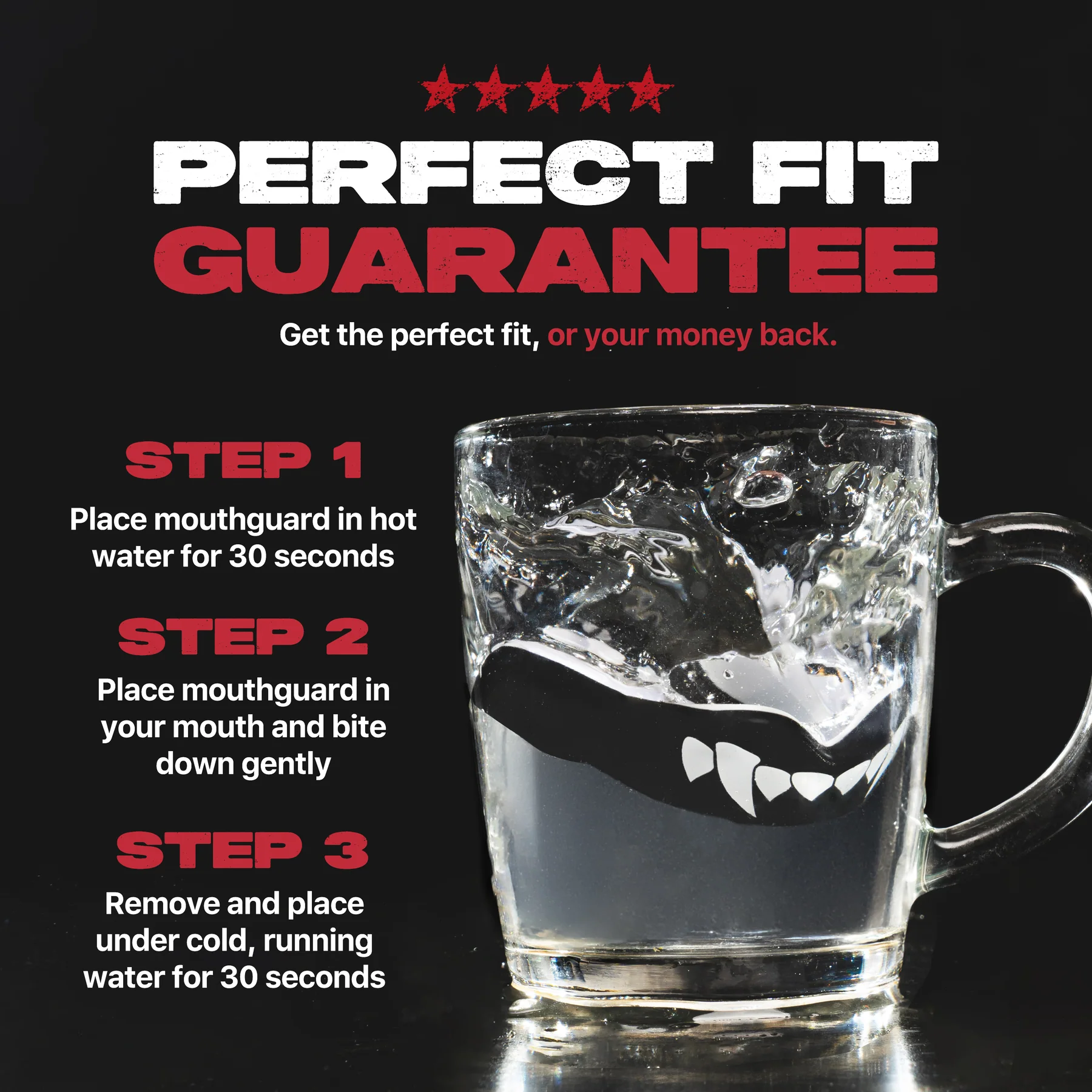 A clear mug with water and the Safejawz Extro Series Protection Mouthguard - Fangz inside is shown. Bold "PERFECT FIT GUARANTEE" appears, with step-by-step fitting instructions and water splashing to show hi-impact protection by Safejawz.