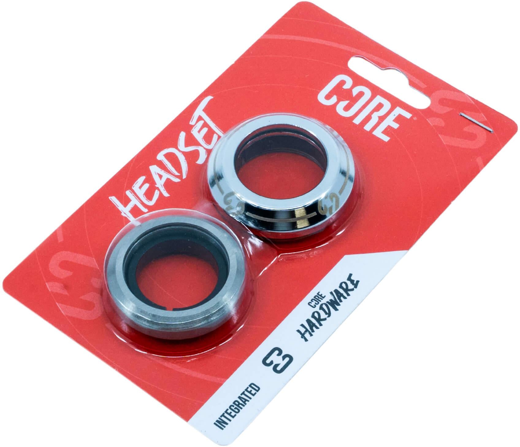 The CORE Icon Integrated Stunt Scooter Headset - Chrome includes two metal bearings, packaged on a red and white CORE card labeled "HEADSET" and "HARDWARE," with the CORE Icon logo and a hanging hole at the top.