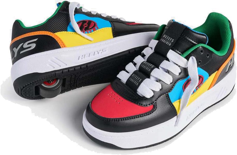The Heelys Rezerve Low Boys Shoes by Heelys feature black, red, cyan, and yellow colors; one shoe stands upright while the other displays a retractable wheel in the heel, making them fun and beginner-friendly.