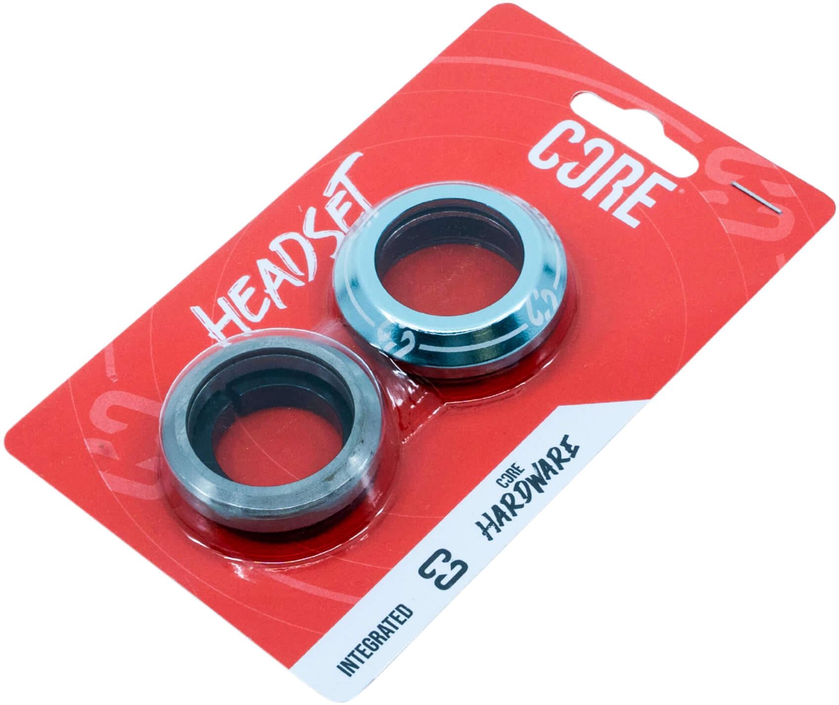 A blue and white retail package labeled "CORE Icon" features two metal bearings for stunt scooter headsets by CORE, with the text "Headset," "Integrated," and "CONE HARDWARE.