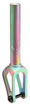 The Blunt Envy Diamond IHC Stunt Scooter Forks in Matted Oil Slick feature an engraved geometric logo and a secure bolt, making them the perfect choice for pro stunt scooter riders seeking style and durability.