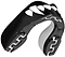 The Safejawz Extro Series Protection Mouthguard - Fangz by Safejawz is a black and white mouthguard with a white fang design on the front and jagged cushioning patterns inside for hi-impact protection.