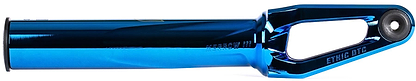 The Ethic DTC Merrow V3 8/12STD SCS Fork in Chrome Blue features a left-side cylindrical tube and right-side open cut-out design, ideal for easy wheel attachment on your stunt scooter.