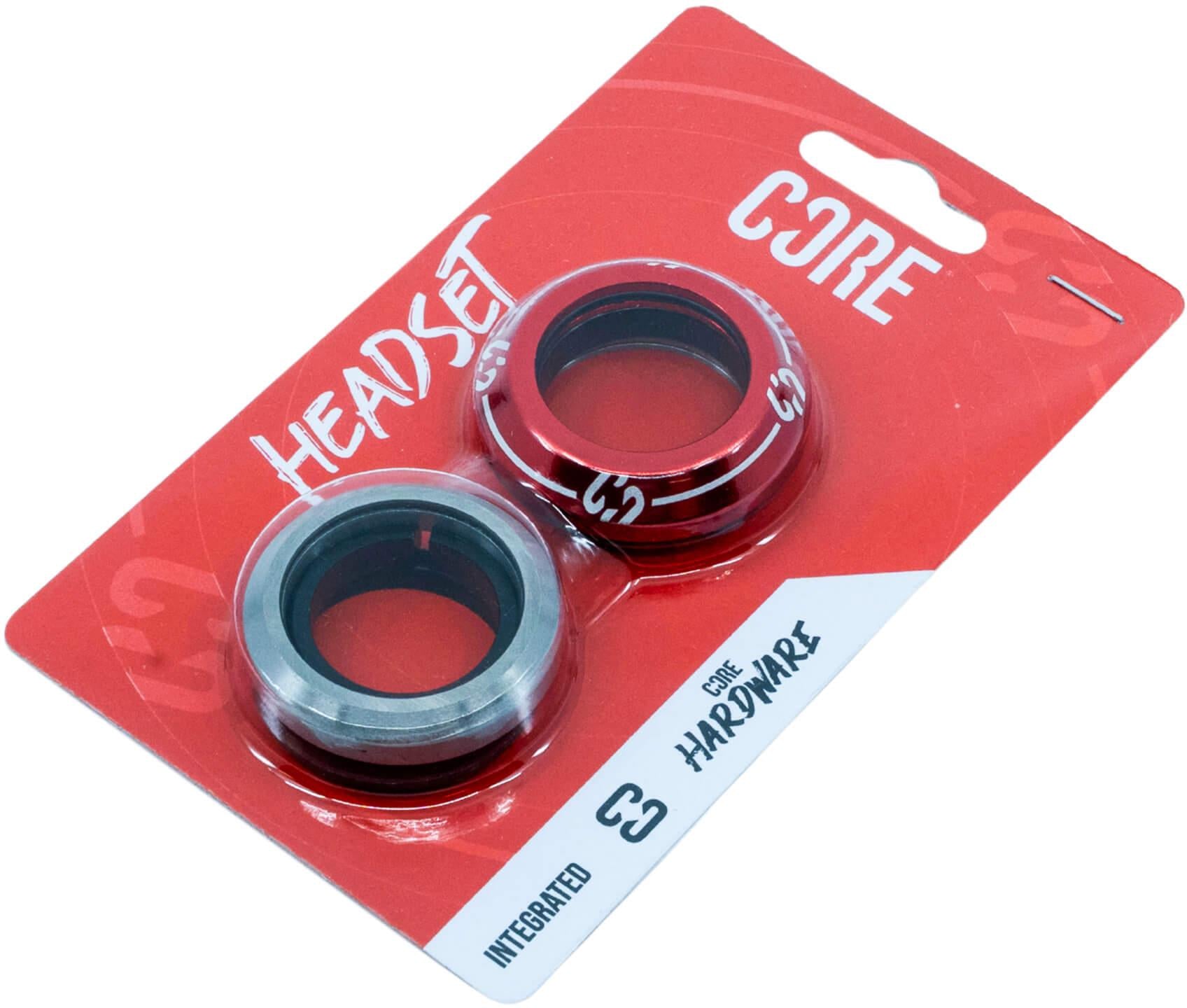 The CORE Icon Integrated Stunt Scooter Headset - Red by CORE features red and silver components in plastic packaging on a branded card labeled "HEADSET" and "INTEGRATED C3," perfect for upgrading your stunt scooter headset.