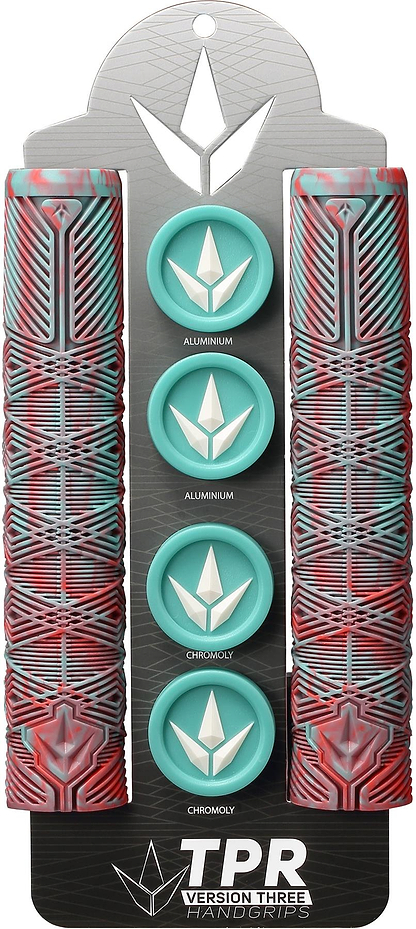 Two patterned, multicolored Blunt Envy V3 Blue / Red Stunt Scooter Grips (160mm) with turquoise end caps are displayed on a card labeled "TPR Version Three Handgrips." These accessories feature red, gray, and teal geometric designs.