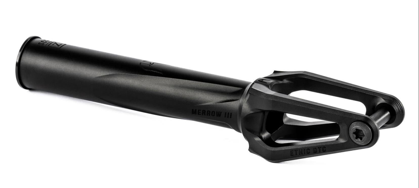 The Ethic DTC Merrow V3 SCS Stunt Scooter Fork in black, made from 7075 aluminium, features a cylindrical steerer tube and open geometric design with "MERROW III" and "ETHIC DTC" labels. Among the lightest forks, shown on a white background.