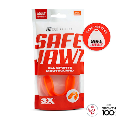 A pack of Safejawz Intro Series Protection Mouthguard in Fluro Orange for ages 12+, offers jaw stability, comfort, "3X stronger" protection, includes a case, and displays award logos at the bottom right.