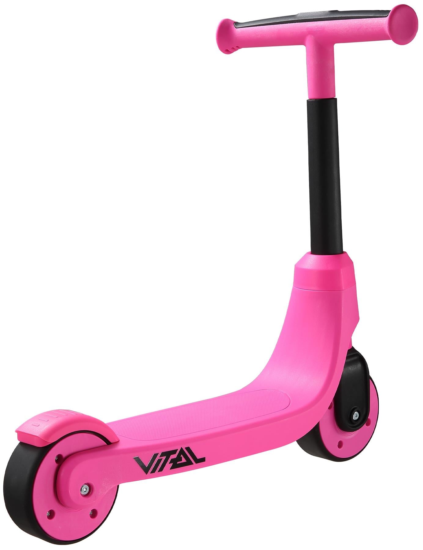 The Vital First Kids Scooter in pink and black features the Vital logo on the deck, black handlebars and wheels—making it a stylish 2-wheel scooter for young riders.