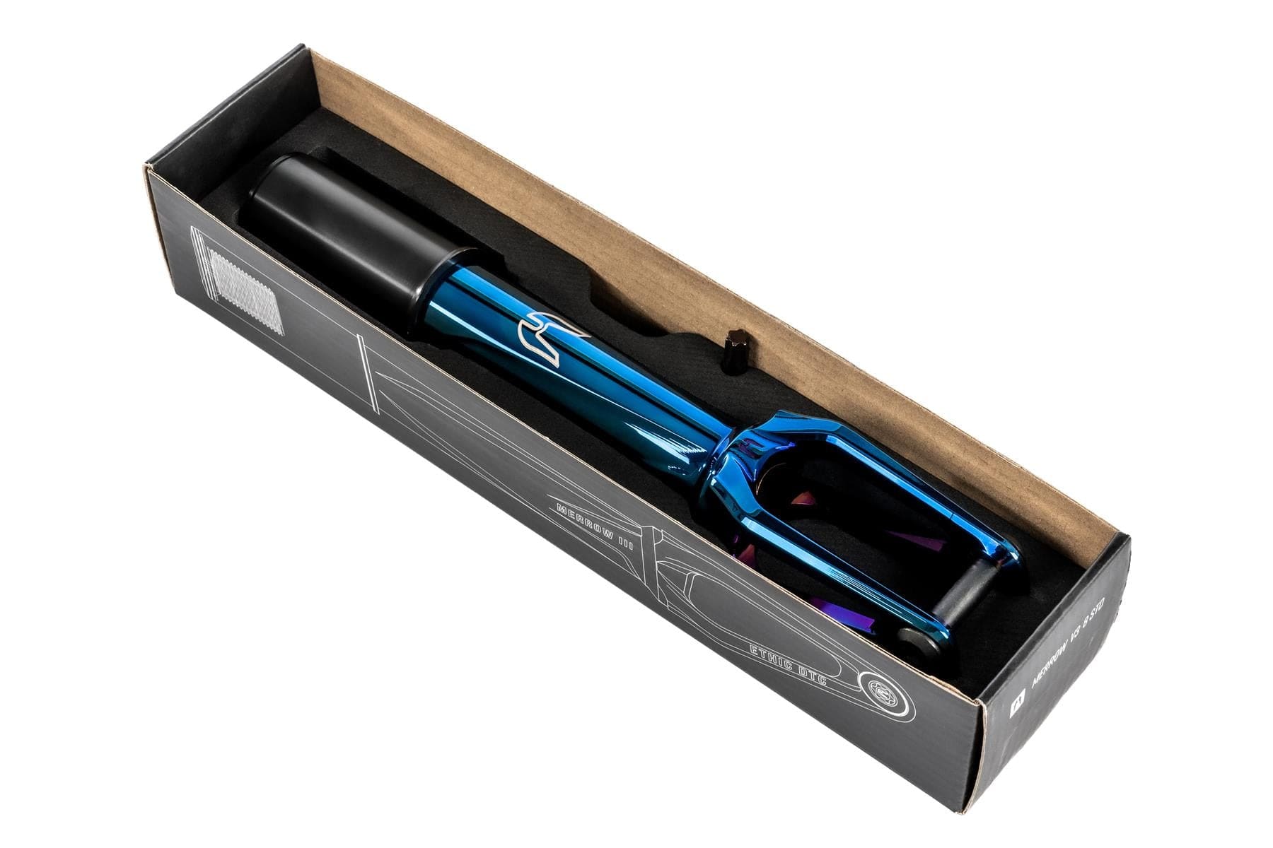 A chrome blue Ethic DTC Merrow V3 HIC Stunt Scooter Fork by Ethic is displayed inside an open black cardboard box with white design outlines against a white background, highlighting its sleek, modern finish.