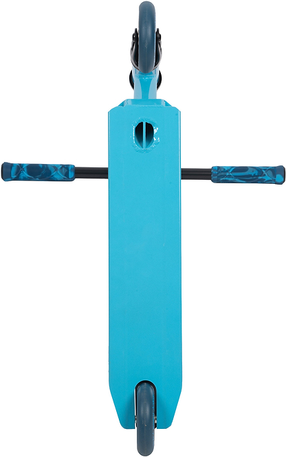 Top-down view of the Legacy Raze Complete Stunt Scooter in blue and black with extended handlebars and black wheels—an ideal entry-level park scooter from Legacy.