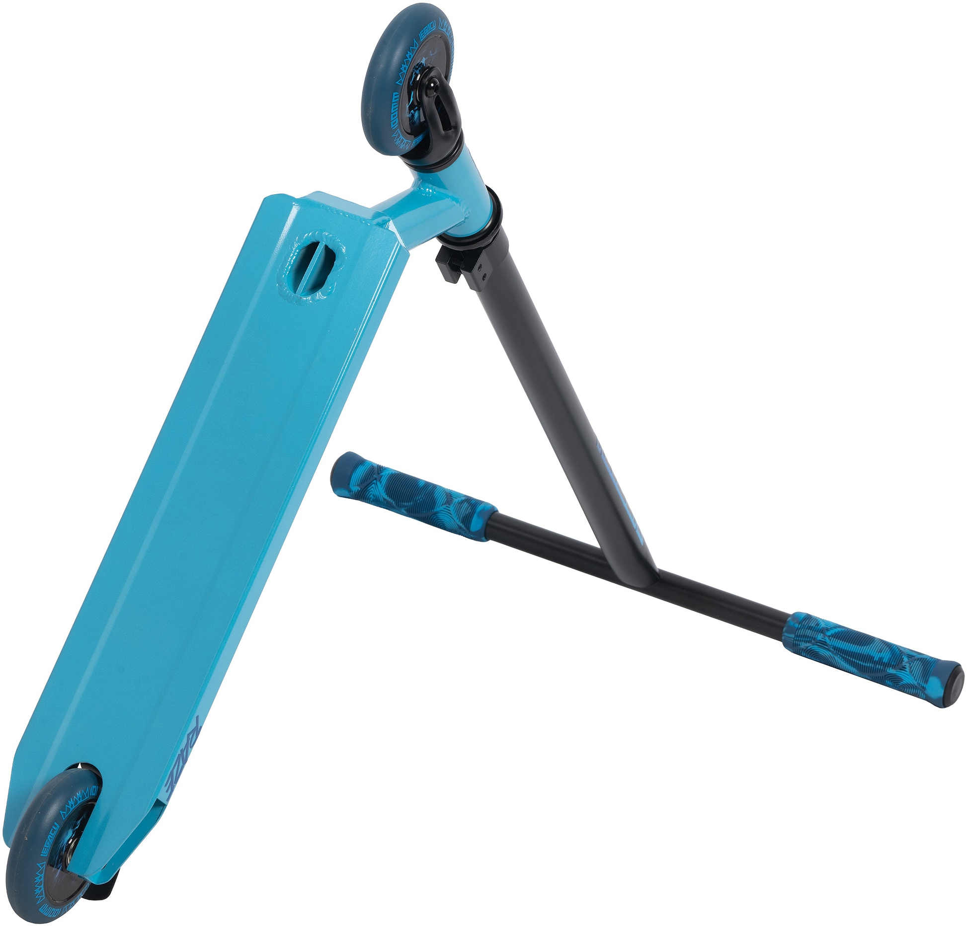 The Legacy Raze Complete Stunt Scooter in blue and black features a tilted deck, black handlebars with blue grips, and two small wheels—perfect as an entry-level park scooter for beginners from the trusted brand Legacy.