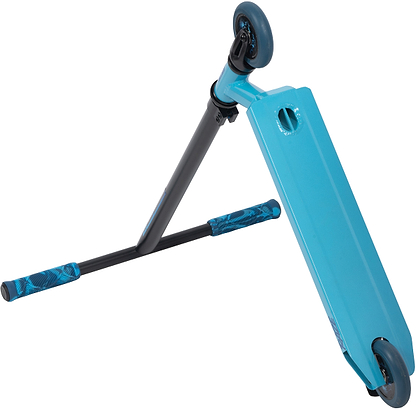 The Legacy Raze Complete Stunt Scooter in blue and black by Legacy is shown on its side, displaying the deck, patterned-grip handlebars, and rear wheel—great as a first kids' scooter for freestyle tricks.