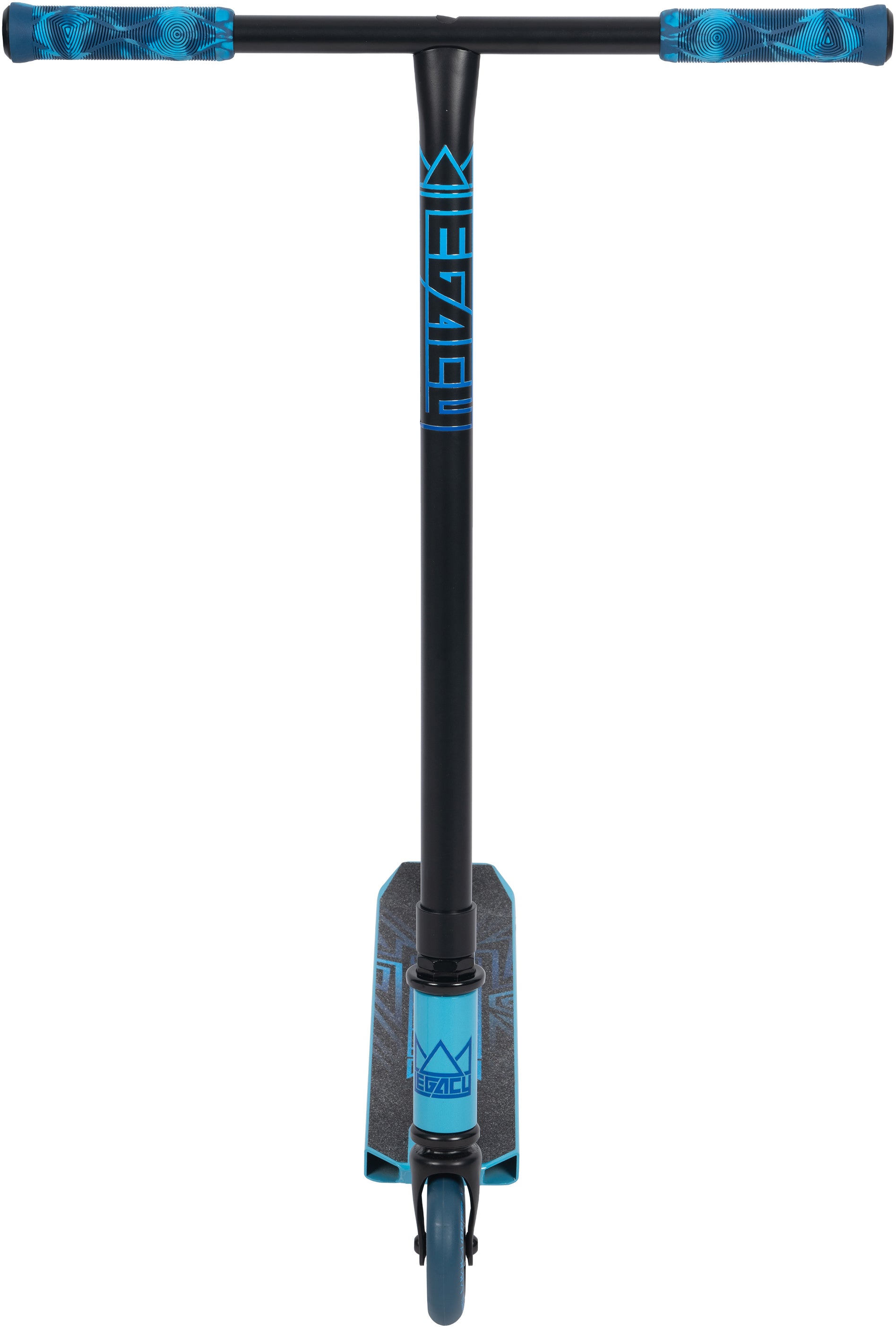 Front view of the Legacy Raze Complete Stunt Scooter in blue/black by Legacy, with patterned blue handlebar grips, a blue front wheel, and "LEGACY" branding—ideal as a kids scooter for learning new stunts.