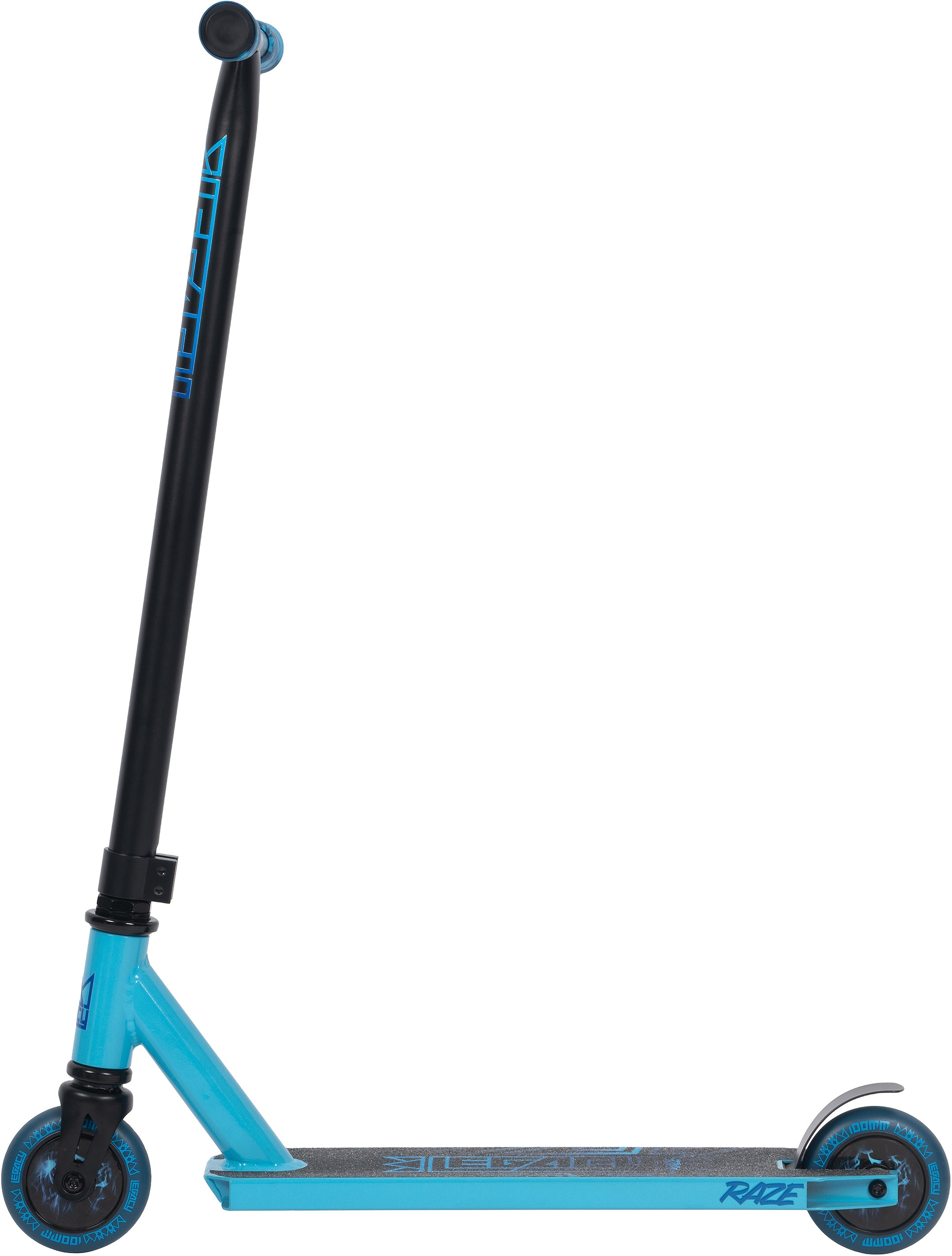 The Legacy Raze Complete Stunt Scooter by Legacy features a black handlebar, blue wheels, and a blue deck with "RAGE" on the side. This entry-level park scooter comes in blue/black and is shown against a white background.