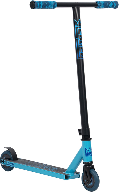 The Legacy Raze Complete Stunt Scooter - Blue / Black is an entry-level park scooter featuring blue patterned handlebar grips, a black T-bar, two small wheels, and a textured deck with the Legacy brand name.