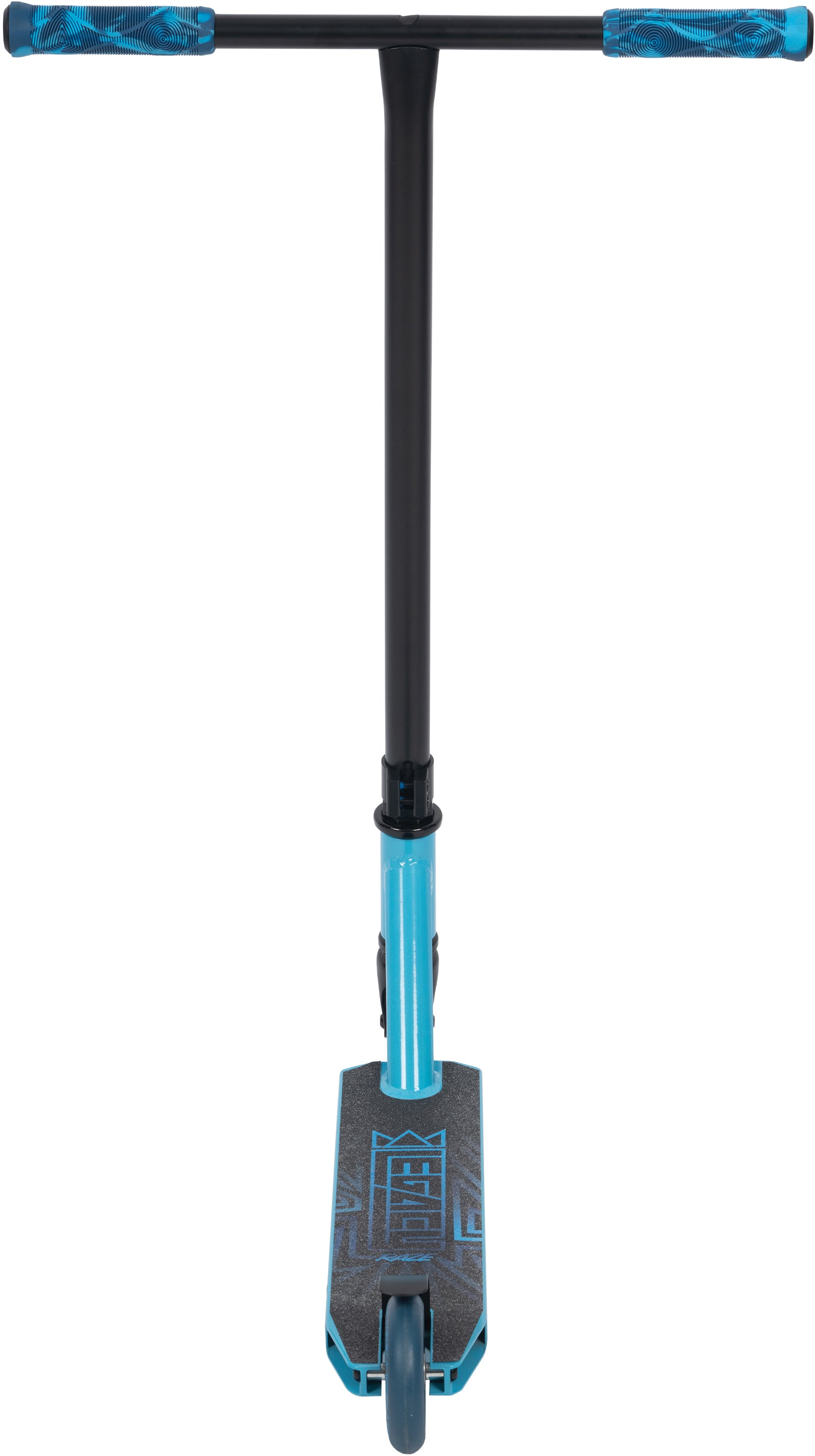 The Legacy Raze Complete Stunt Scooter by Legacy in blue and black is an ideal entry-level choice for kids starting out, featuring blue grip tape and a black stem, shown on a white background.