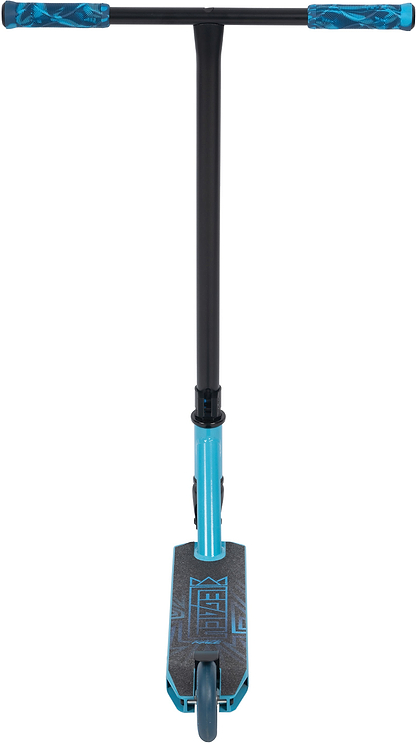 The Legacy Raze Complete Stunt Scooter by Legacy in blue and black is an ideal entry-level choice for kids starting out, featuring blue grip tape and a black stem, shown on a white background.