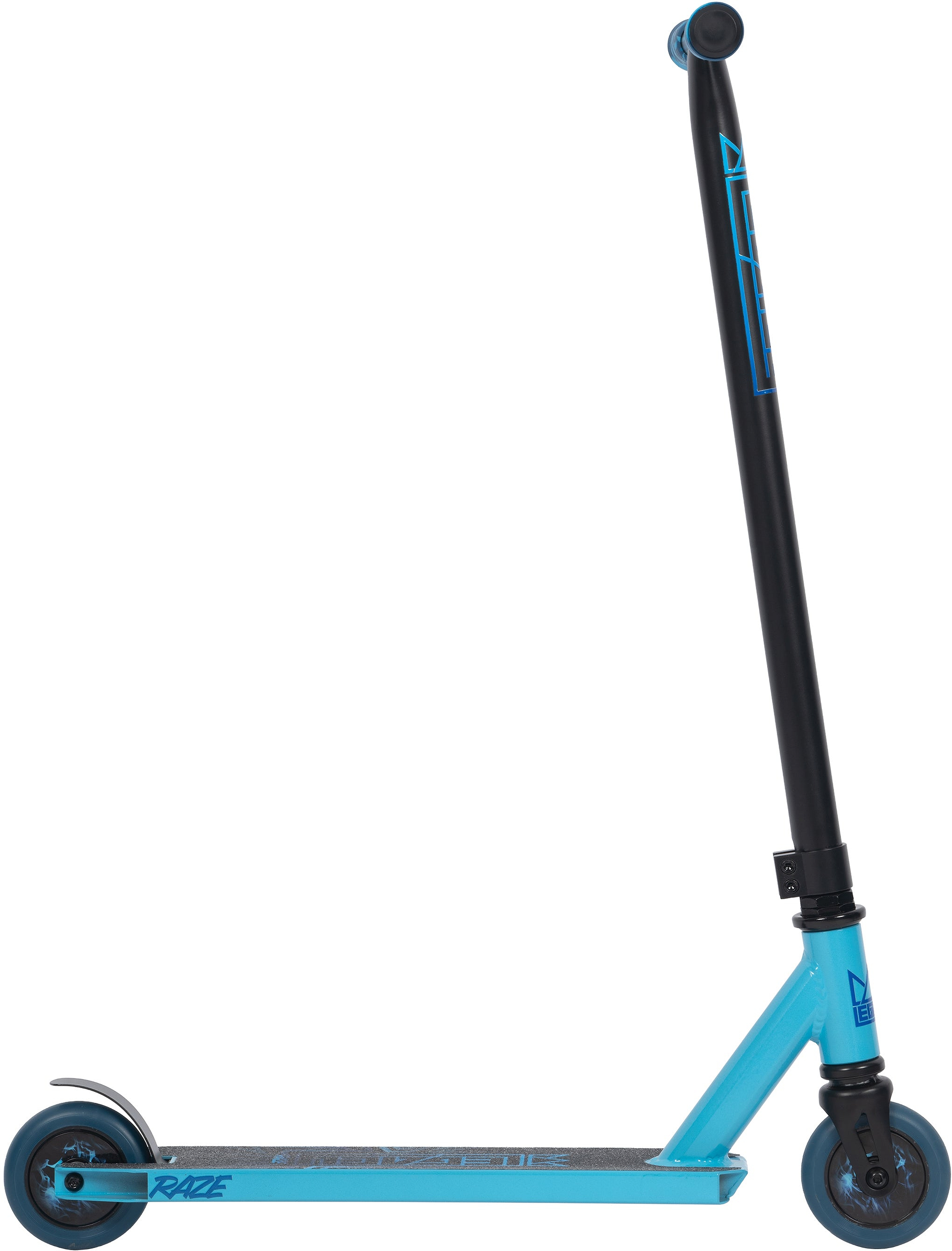 The Legacy Raze Complete Stunt Scooter by Legacy in blue and black features two small wheels, a textured foot deck, and a tall handlebar—ideal as an entry-level park scooter for young riders.