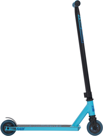 The Legacy Raze Complete Stunt Scooter by Legacy in blue and black features two small wheels, a textured foot deck, and a tall handlebar—ideal as an entry-level park scooter for young riders.
