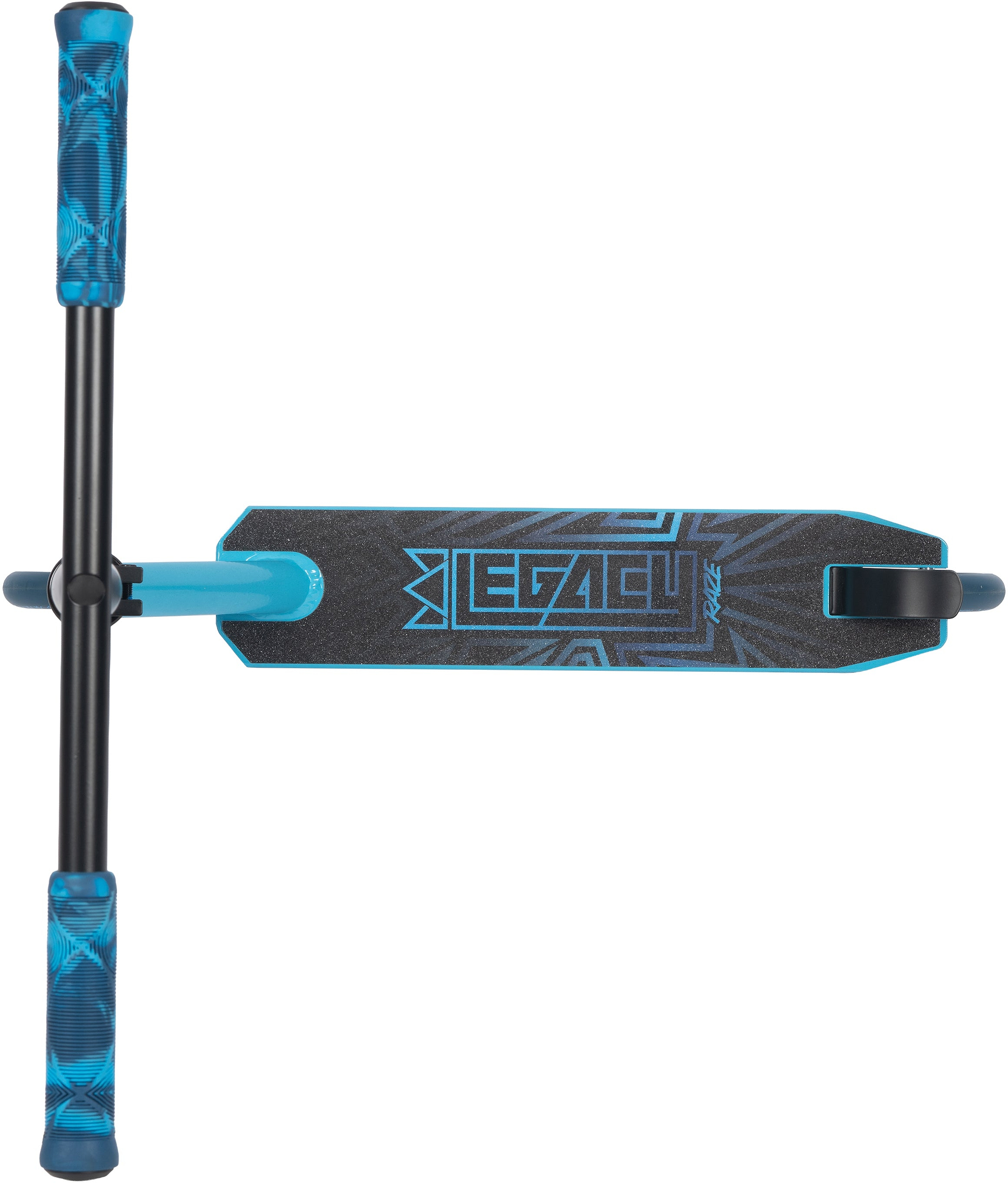 The Legacy Raze Complete Stunt Scooter by Legacy, in blue and black, is an entry-level park scooter featuring blue handlebar grips and a deck with “LEGACY” boldly displayed.