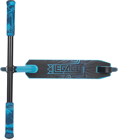 The Legacy Raze Complete Stunt Scooter by Legacy, in blue and black, is an entry-level park scooter featuring blue handlebar grips and a deck with “LEGACY” boldly displayed.