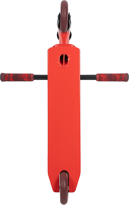 Top view of the Legacy Raze Complete Stunt Scooter by Legacy in red/black, featuring a rectangular deck, two black handlebars with red grips, and red front and rear wheels.