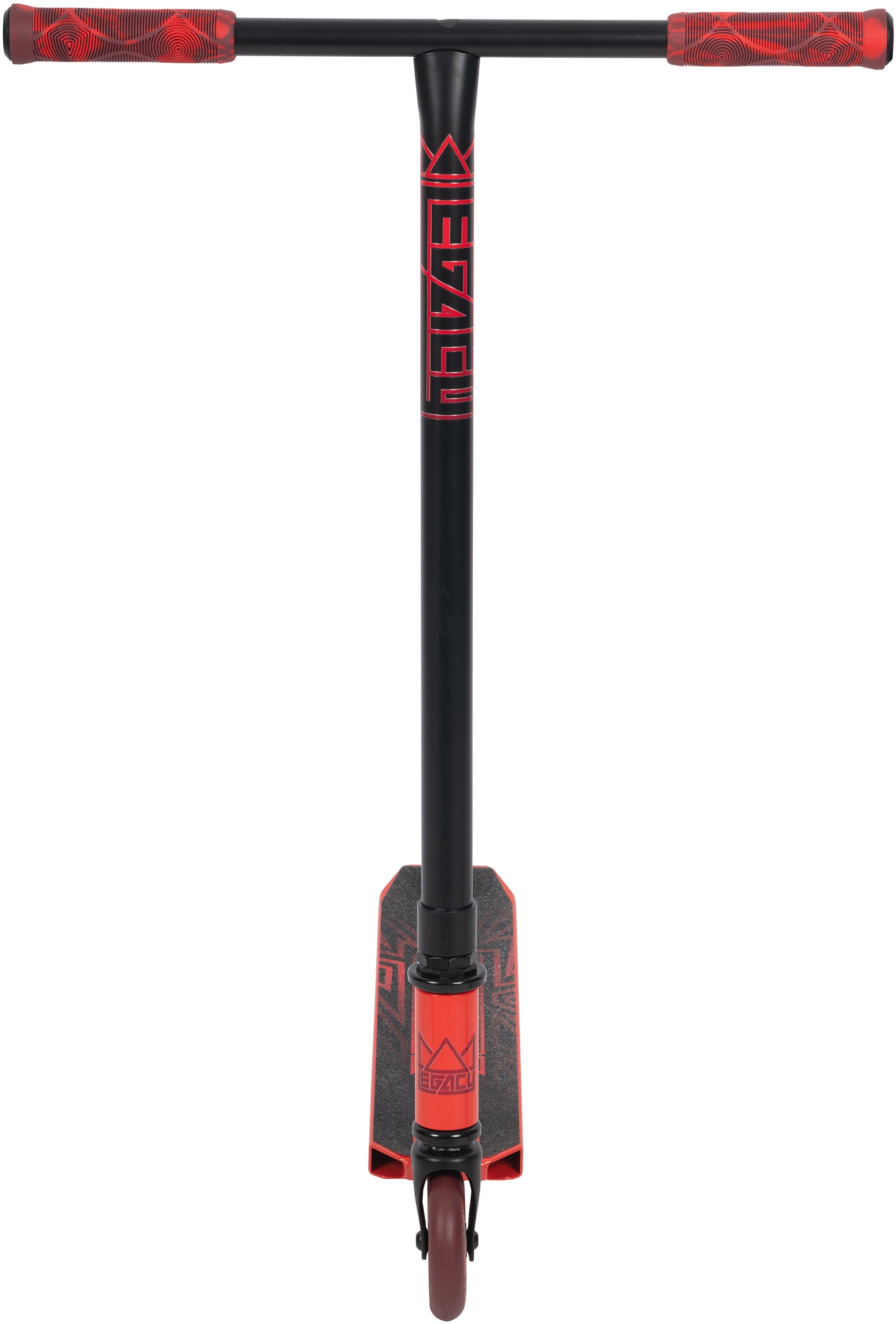 The Legacy Raze Complete Stunt Scooter by Legacy in red and black features red handlebar grips, a black T-bar with "FUZION" written vertically, a black deck with red accents, and a single front wheel.