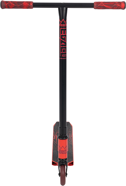 The Legacy Raze Complete Stunt Scooter by Legacy in red and black features red handlebar grips, a black T-bar with "FUZION" written vertically, a black deck with red accents, and a single front wheel.