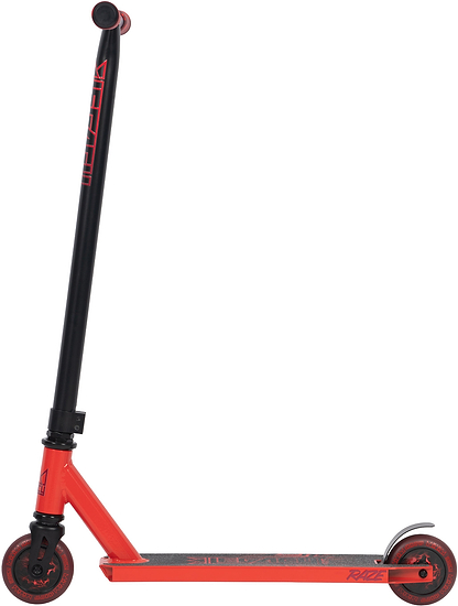 The Legacy Raze Complete Stunt Scooter by Legacy features a bright red frame with black handlebars, wheels, and grip tape. Shown side view on a white background, it has a silver fender brake over the rear wheel.