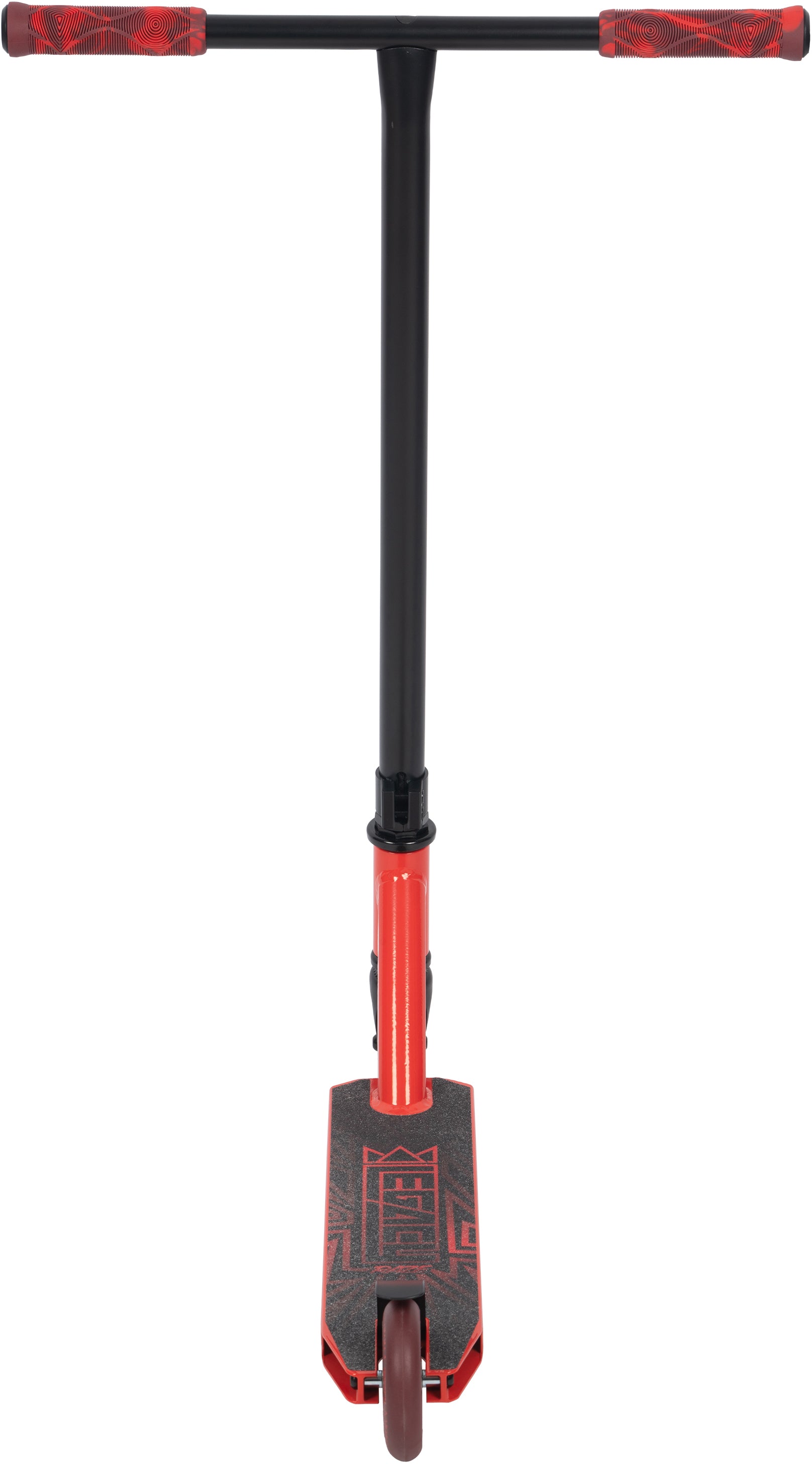 The Legacy Raze Complete Stunt Scooter by Legacy, shown in red and black from the front, features red grips, a black handlebar, a red base with black grip tape, and one visible front wheel—ideal as a kids' entry-level beginner scooter.