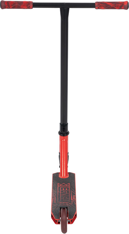 The Legacy Raze Complete Stunt Scooter by Legacy, shown in red and black from the front, features red grips, a black handlebar, a red base with black grip tape, and one visible front wheel—ideal as a kids' entry-level beginner scooter.