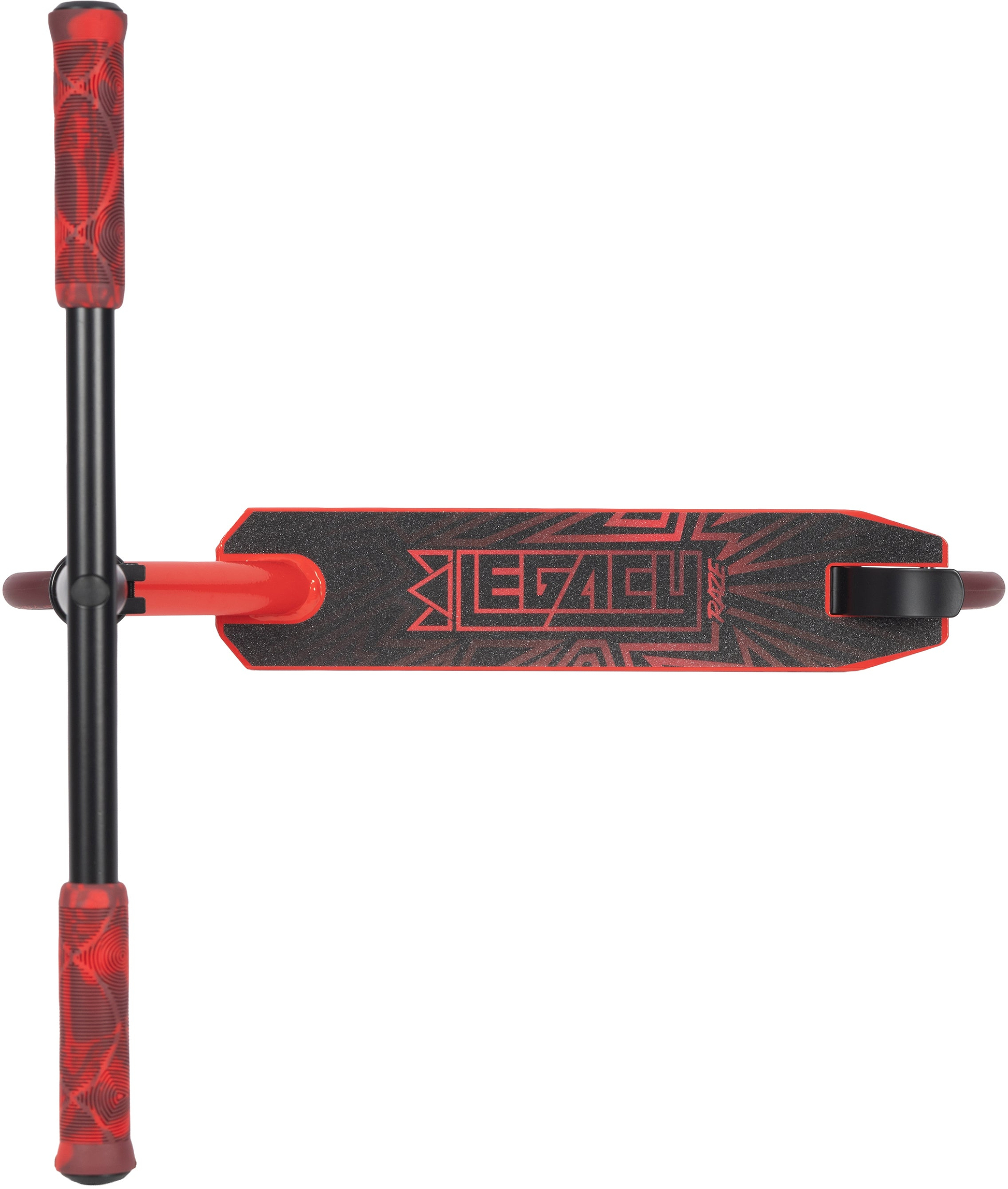 The Legacy Raze Complete Stunt Scooter by Legacy features striking red handlebars, a black deck with a red "LEGACY" graphic, and a single rear wheel—perfect as an entry-level kids scooter for beginners learning tricks.