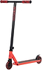 The Legacy Raze Complete Stunt Scooter by Legacy features a red and black design with T-shaped handlebars, red grips, a black deck with red graphics, two small red wheels, and a rear fender brake—ideal for kids learning new tricks.