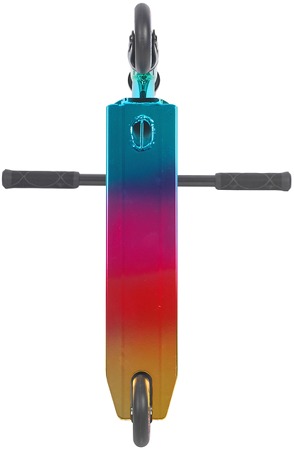 The Legacy Raze Complete Stunt Scooter - Oil Slick from Legacy features a teal, pink, and orange gradient deck with black grips, making it the perfect eye-catching stunt scooter for kids who love a bold oil slick style.