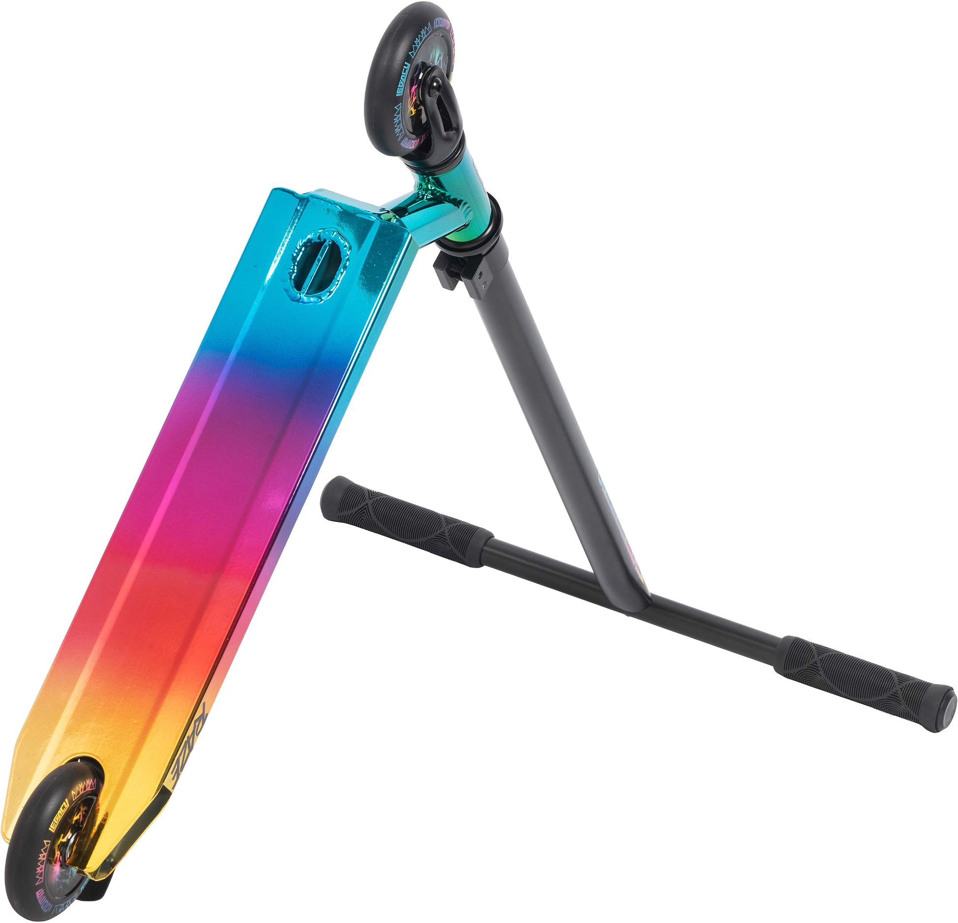 The Legacy Raze Complete Stunt Scooter by Legacy features a black handlebar and an oil slick deck with a blue-to-pink-to-gold gradient, shown tilted to display its underside and wheels.