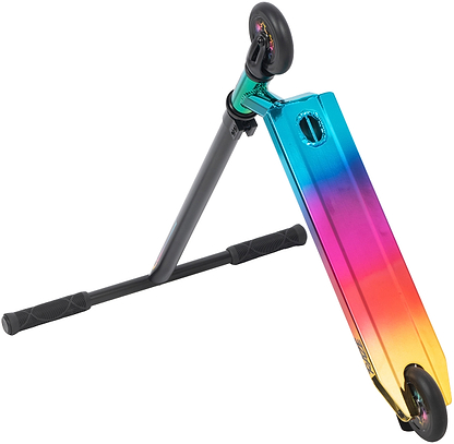 The Legacy Raze Complete Stunt Scooter - Oil Slick by Legacy features a vibrant gradient deck in blue, pink, orange, and yellow, black handlebars with grips, and black wheels. Shown on its side against a white background.