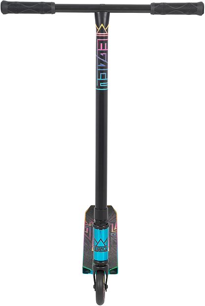 The Legacy Raze Complete Stunt Scooter - Oil Slick by Legacy features rainbow iridescent graphics on the neck and deck, plus black grips and a black handlebar—ideal as an entry-level stunt scooter for young riders.