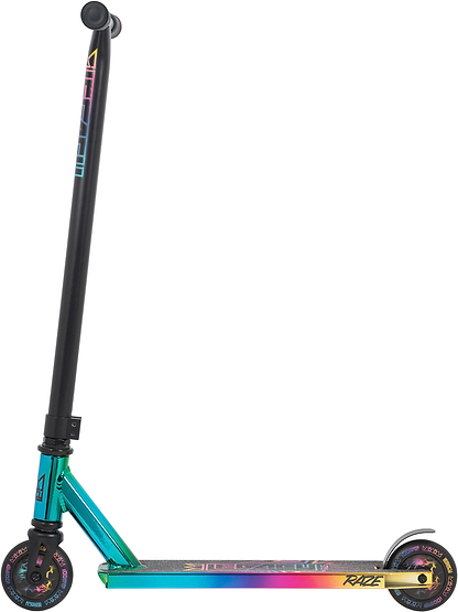 The Legacy Raze Complete Stunt Scooter - Oil Slick by Legacy is a vibrant entry-level scooter with a slim design, black handlebar, colorful iridescent deck, fork, and two small black wheels.