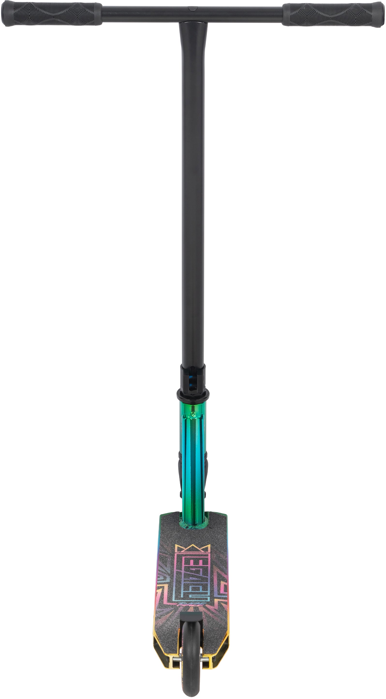 The Legacy Raze Complete Stunt Scooter by Legacy features an oil slick rainbow-colored deck and a teal-green neck, shown isolated on a white background.