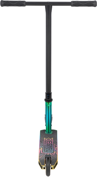 The Legacy Raze Complete Stunt Scooter by Legacy features an oil slick rainbow-colored deck and a teal-green neck, shown isolated on a white background.