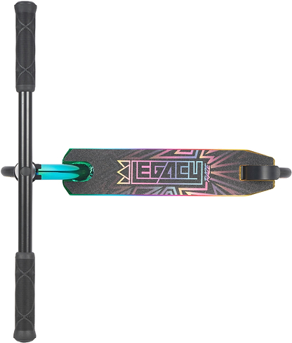 Top-down view of the Legacy Raze Complete Stunt Scooter - Oil Slick by Legacy, featuring black handlebars and a deck with a colorful geometric design, black grip surface, and metallic accents near the handlebar connection.