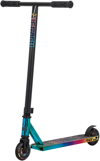 The Legacy Raze Complete Stunt Scooter - Oil Slick by Legacy features a black handlebar, iridescent oil slick deck and wheels, bold graphics, and a sturdy build ideal for tricks and stunts.