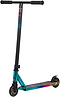 The Legacy Raze Complete Stunt Scooter - Oil Slick by Legacy features a black handlebar, iridescent oil slick deck and wheels, bold graphics, and a sturdy build ideal for tricks and stunts.